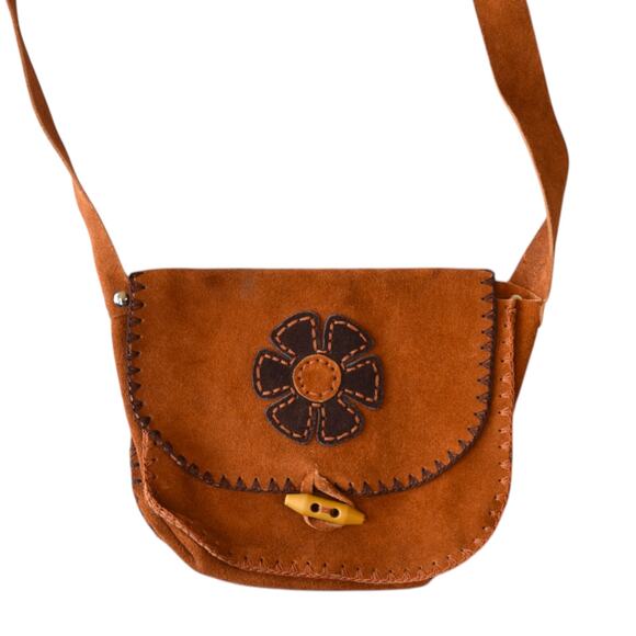 Retro 1970s Floral Crossbody Bag in Brown Suede Leather - Picture 1 of 6